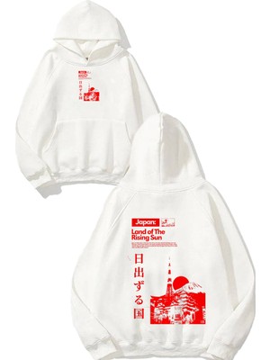 Urbvn Rising Sun Tasarım Baskılı Oversize Beyaz Kapüşonlu Sweatshirt