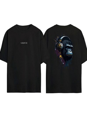 Urbvn Monkey Tasarım Baskılı Siyah Oversize T Shirt