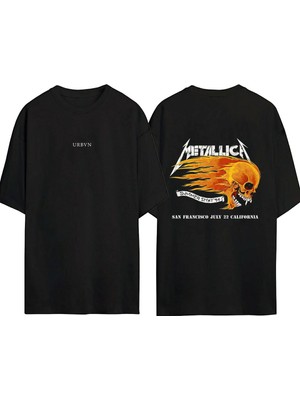 Urbvn Metallica Fire Tasarım Baskılı Siyah Oversize T Shirt
