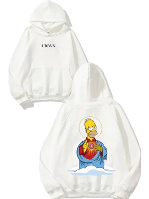 Urbvn Hail Donat Tasarım Baskılı Oversize Beyaz Kapüşonlu Sweatshirt