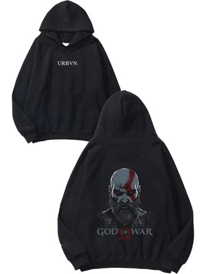 Urbvn God Of War Tasarım Baskılı Oversize Siyah Kapüşonlu Sweatshirt
