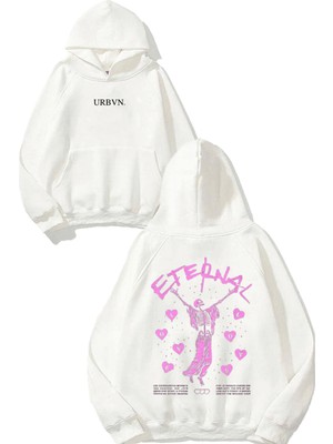 Urbvn Eternal Pink Tasarım Baskılı Oversize Beyaz Kapüşonlu Sweatshirt