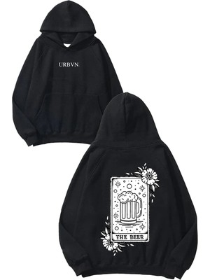 Urbvn The Beer Tasarım Baskılı Oversize Siyah Kapüşonlu Sweatshirt