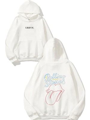 Urbvn Rolling Stones Tounge Tasarım Baskılı Oversize Beyaz Kapüşonlu Sweatshirt