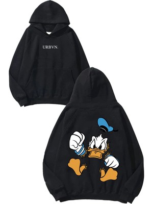 Urbvn Donald Angry Tasarım Baskılı Oversize Siyah Kapüşonlu Sweatshirt