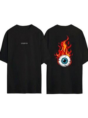 Urbvn Fire Eyes Tasarım Baskılı Siyah Oversize T Shirt