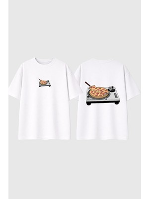 Urbvn Pizza Plak Tasarım Baskılı Beyaz Oversize T Shirt