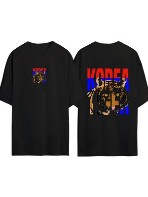 Urbvn Korea Tiger 1 Tasarım Baskılı Siyah Oversize T Shirt