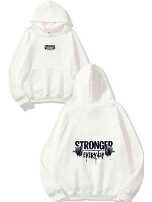 Urbvn Strong Everyday Tasarım Baskılı Oversize Beyaz Kapüşonlu Sweatshirt