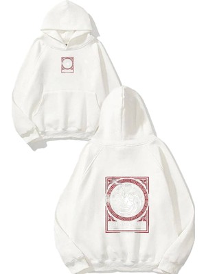 Urbvn Fire And Blood Tasarım Baskılı Oversize Beyaz Kapüşonlu Sweatshirt