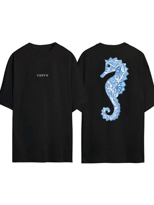Urbvn Deniz Atı Tasarım Baskılı Siyah Oversize T Shirt