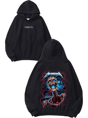 Urbvn Metallica Monster Tasarım Baskılı Oversize Siyah Kapüşonlu Sweatshirt