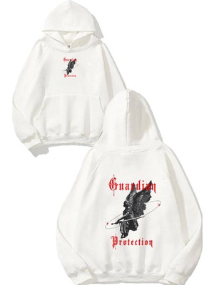 Urbvn Guardian Protection Tasarım Baskılı Oversize Beyaz Kapüşonlu Sweatshirt