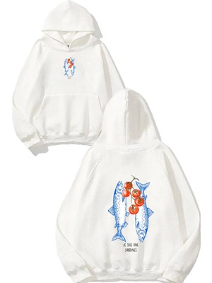 Urbvn Fish 2 Tasarım Baskılı Oversize Beyaz Kapüşonlu Sweatshirt