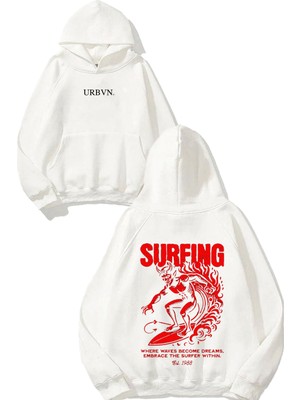 Urbvn Surfing Demon Tasarım Baskılı Oversize Beyaz Kapüşonlu Sweatshirt