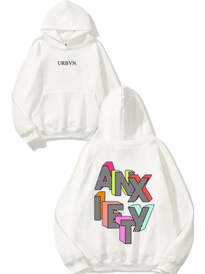 Urbvn Anxiety Tasarım Baskılı Oversize Beyaz Kapüşonlu Sweatshirt