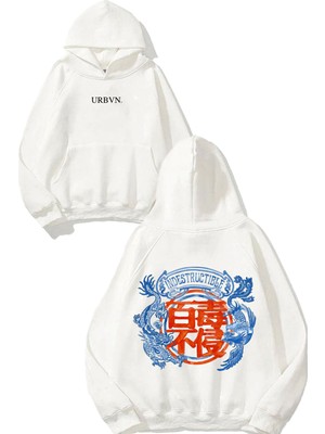 Urbvn Indestructible Tasarım Baskılı Oversize Beyaz Kapüşonlu Sweatshirt