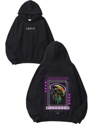 Urbvn Obsessed Purple Tasarım Baskılı Oversize Siyah Kapüşonlu Sweatshirt