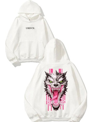 Urbvn Pink Wolf Tasarım Baskılı Oversize Beyaz Kapüşonlu Sweatshirt