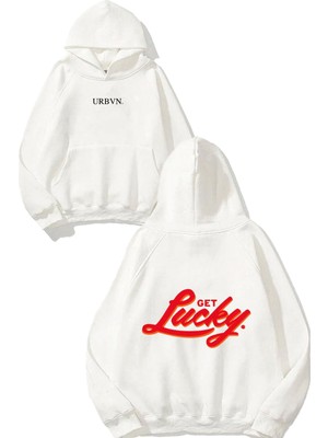 Urbvn Get Lucky Tasarım Baskılı Oversize Beyaz Kapüşonlu Sweatshirt