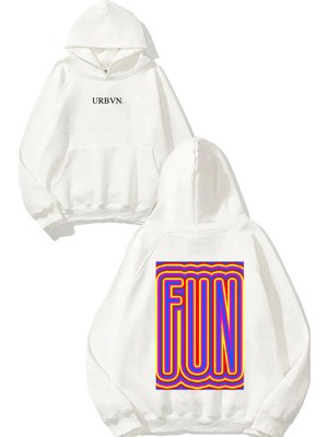 Urbvn Fun Tasarım Baskılı Oversize Beyaz Kapüşonlu Sweatshirt