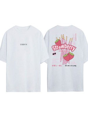 Urbvn Strawberry 3 Tasarım Baskılı Beyaz Oversize T-Shirt