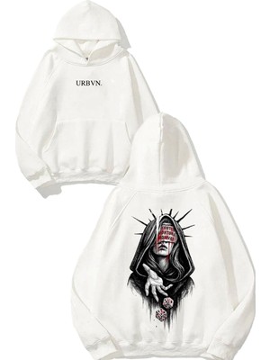 Urbvn Zar Kız Tasarım Baskılı Oversize Beyaz Kapüşonlu Sweatshirt