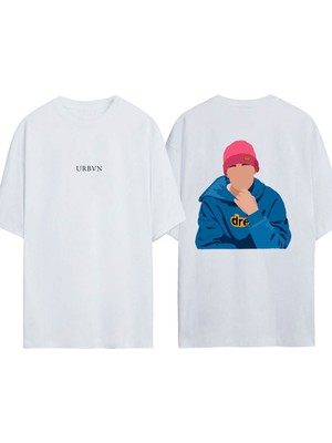 Urbvn Justin Bieber Tasarım Baskılı Beyaz Oversize T-Shirt