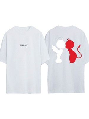 Urbvn Angeldevil Tasarım Baskılı Beyaz Oversize T-Shirt