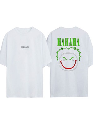 Urbvn Haha 1 Tasarım Baskılı Beyaz Oversize T-Shirt