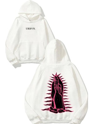 Urbvn Pink Mary Tasarım Baskılı Oversize Beyaz Kapüşonlu Sweatshirt