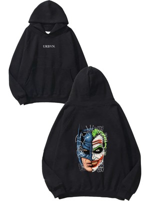 Urbvn Joker Batman Yüz Tasarım Baskılı Oversize Siyah Kapüşonlu Sweatshirt