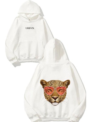 Urbvn Gözlüklü Leopar Tasarım Baskılı Oversize Beyaz Kapüşonlu Sweatshirt