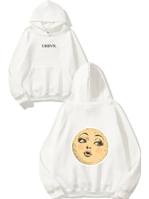 Urbvn Moon Girl Kiss Tasarım Baskılı Oversize Beyaz Kapüşonlu Sweatshirt