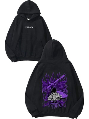 Urbvn Anime Mor Tasarım Baskılı Oversize Siyah Kapüşonlu Sweatshirt