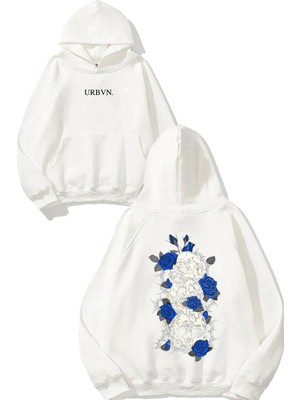 Urbvn Blue Rose Skull Tasarım Baskılı Oversize Beyaz Kapüşonlu Sweatshirt