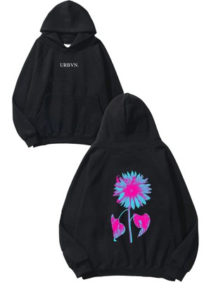 Urbvn Pink Sunflower Tasarım Baskılı Oversize Siyah Kapüşonlu Sweatshirt