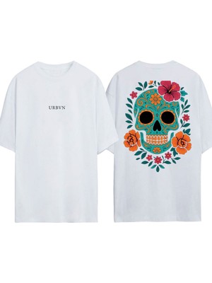 Urbvn Yakuza Skull Tasarım Baskılı Beyaz Oversize T-Shirt