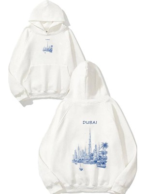 Urbvn Dubai Vie Tasarım Baskılı Oversize Beyaz Kapüşonlu Sweatshirt