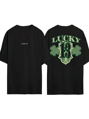 Urbvn Lucky 13 Tasarım Baskılı Siyah Oversize T Shirt