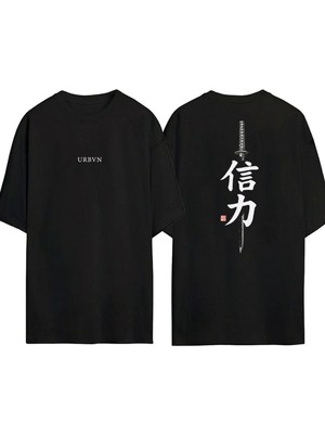 Urbvn Japan Katana Tasarım Baskılı Siyah Oversize T Shirt