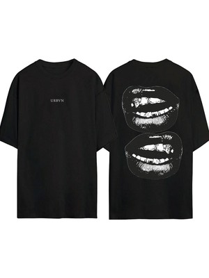 Urbvn Lips Tasarım Baskılı Siyah Oversize T Shirt