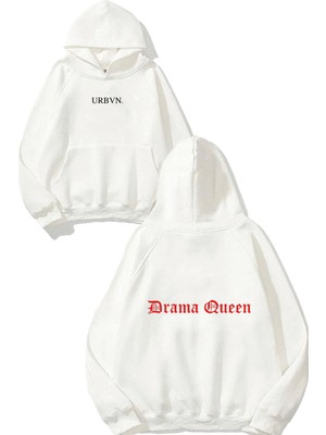 Urbvn Drama Queen Red Tasarım Baskılı Oversize Beyaz Kapüşonlu Sweatshirt