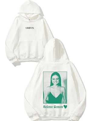 Urbvn Selena Gomez Tasarım Baskılı Oversize Beyaz Kapüşonlu Sweatshirt