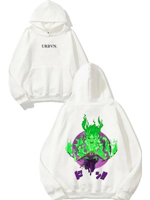 Urbvn Yeşil Alev Tasarım Baskılı Oversize Beyaz Kapüşonlu Sweatshirt