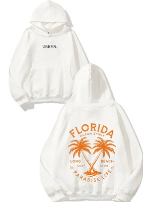 Urbvn Florida Ocean Tasarım Baskılı Oversize Beyaz Kapüşonlu Sweatshirt