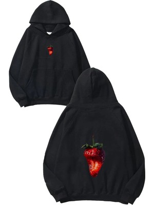 Urbvn Bite Strawberry Tasarım Baskılı Oversize Siyah Kapüşonlu Sweatshirt