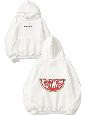 Urbvn Watermelon Yazı Tasarım Baskılı Oversize Beyaz Kapüşonlu Sweatshirt