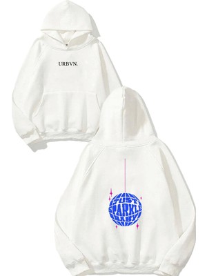Urbvn Sparkle Tasarım Baskılı Oversize Beyaz Kapüşonlu Sweatshirt
