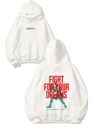 Urbvn Fight For Dreams Tasarım Baskılı Oversize Beyaz Kapüşonlu Sweatshirt